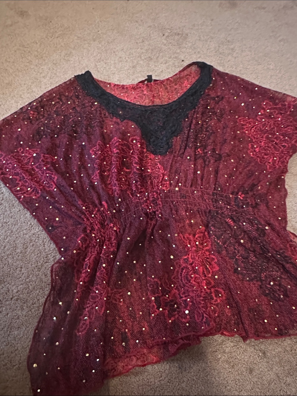 HeartSoul Red Lace Embellished Blouse with Black Trim